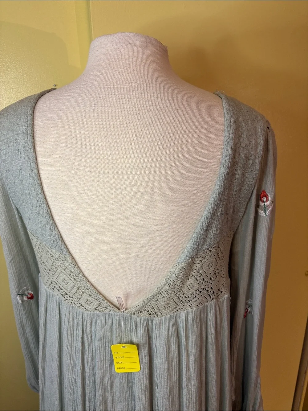 Free People Mojave Embroidered Sage Long-Sleeve Babydoll Dress. Callout
